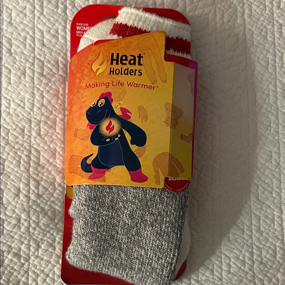 Heat Holders Women or Men’s Gray Casual Crew Socks with Red Trim